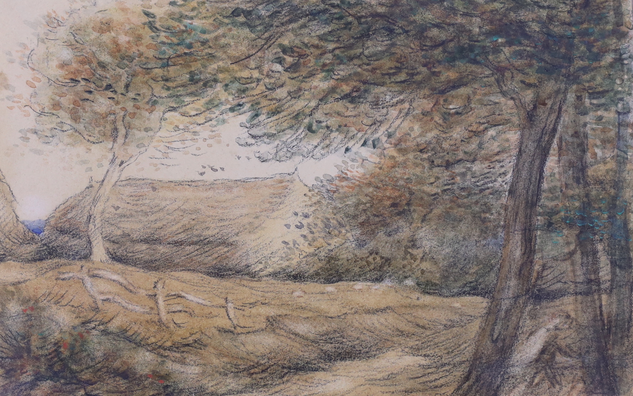 Selwyn Image (1849-1930), pencil and watercolour, Landscape with trees before barns, signed and dated 1901, 17 x 26cm